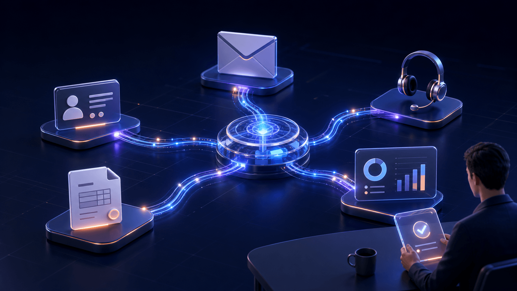 AI workflow automation hub connecting CRM, email, customer support, invoices, analytics, and a human approval step