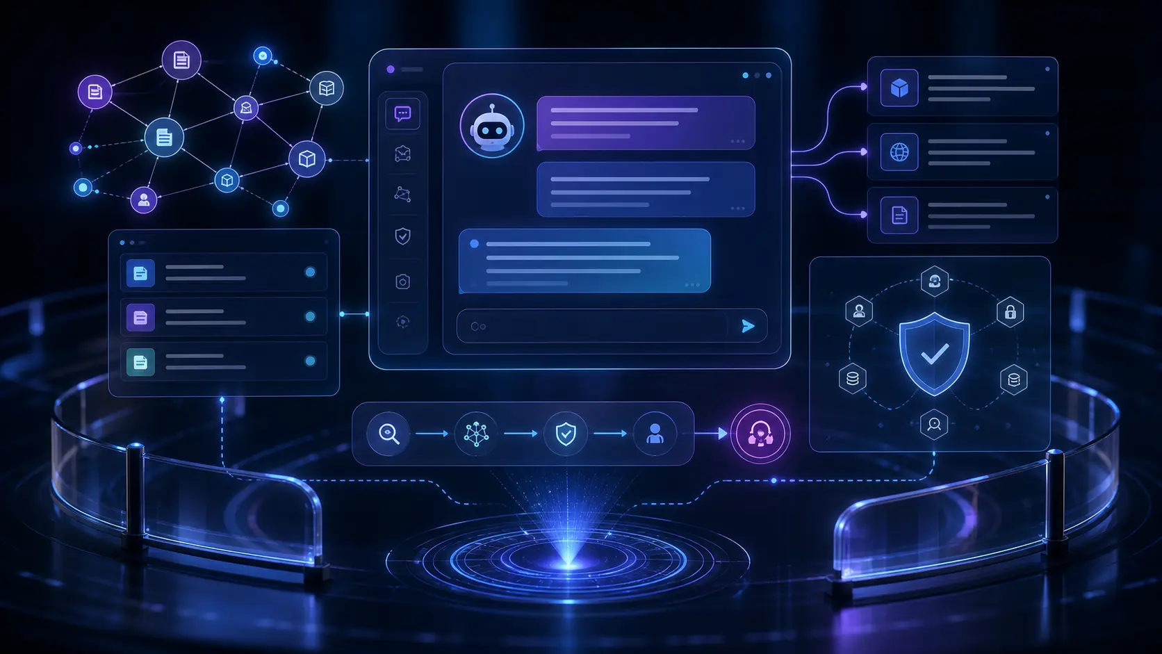 Futuristic AI assistant interface with chat bubbles, knowledge graph, retrieval sources, and security guardrail visuals