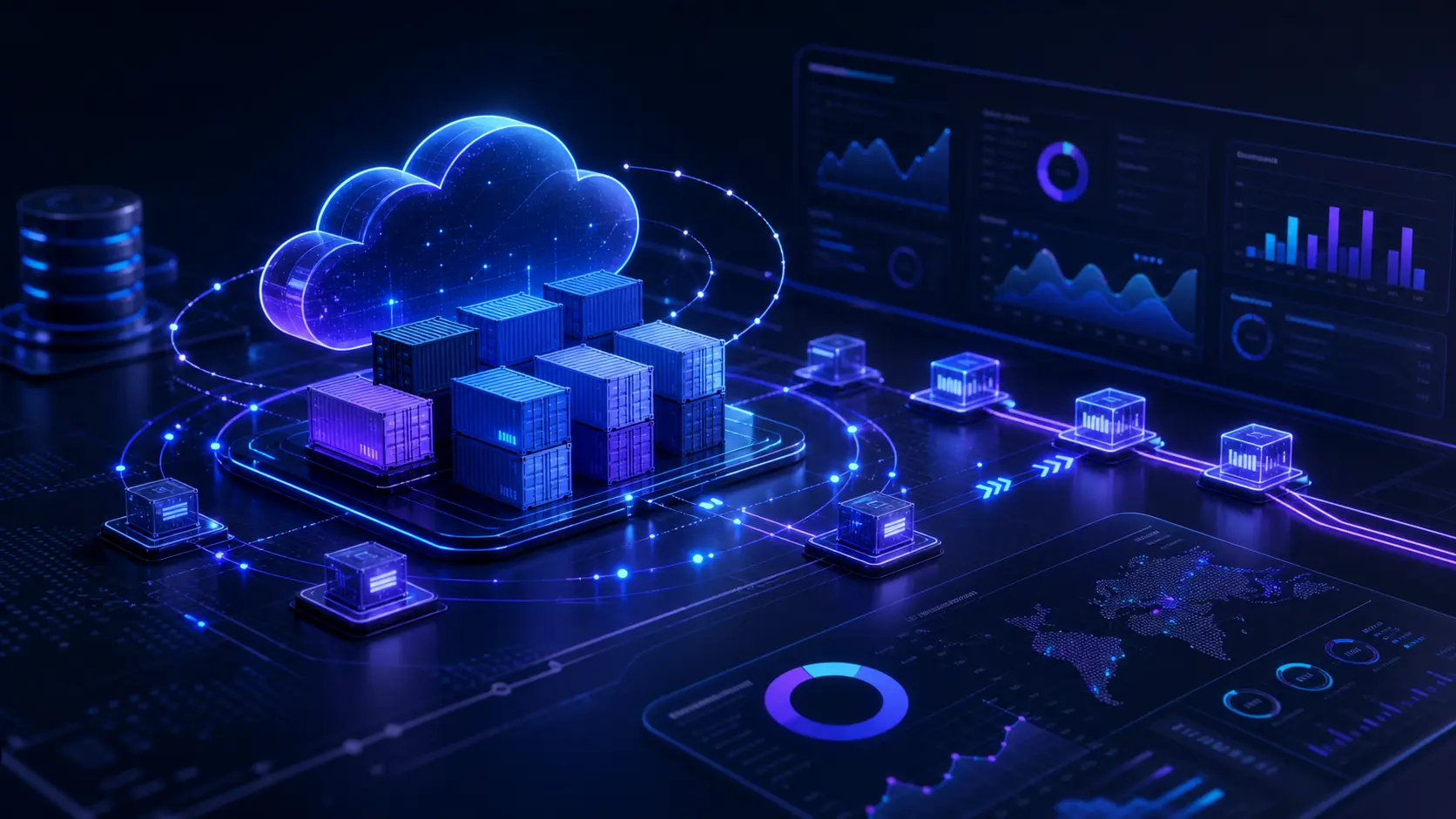 Abstract cloud infrastructure visual with glowing nodes, container blocks, deployment pipelines, and observability dashboards
