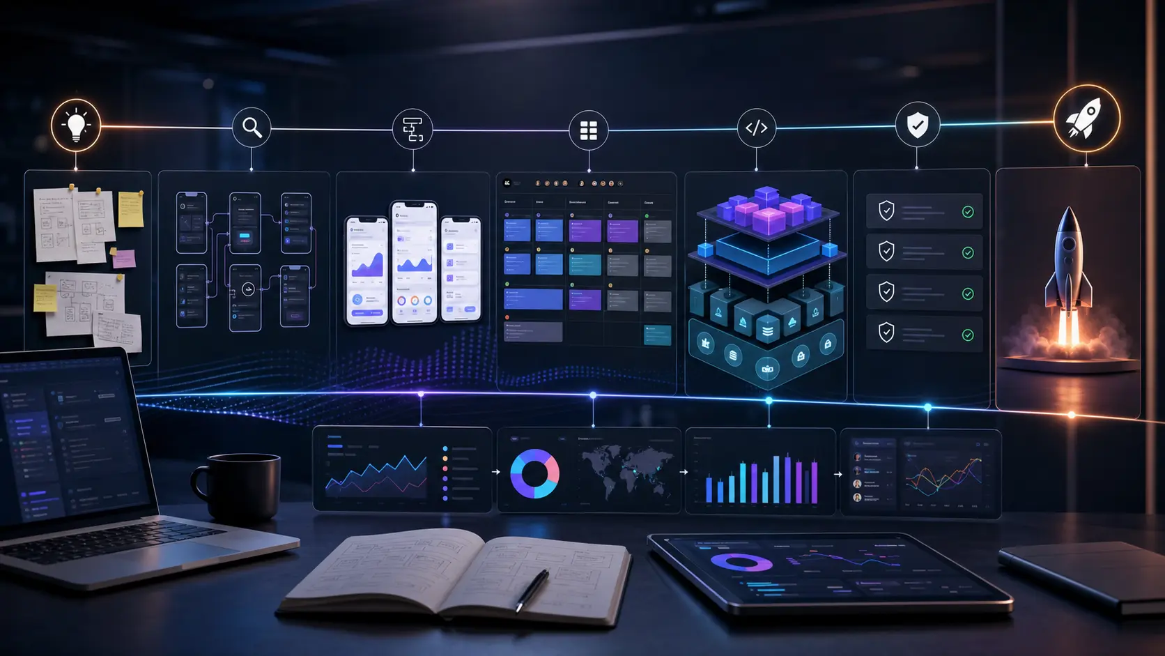 Premium digital product roadmap with product screens, sprint board, architecture blocks, launch timeline, and analytics cards