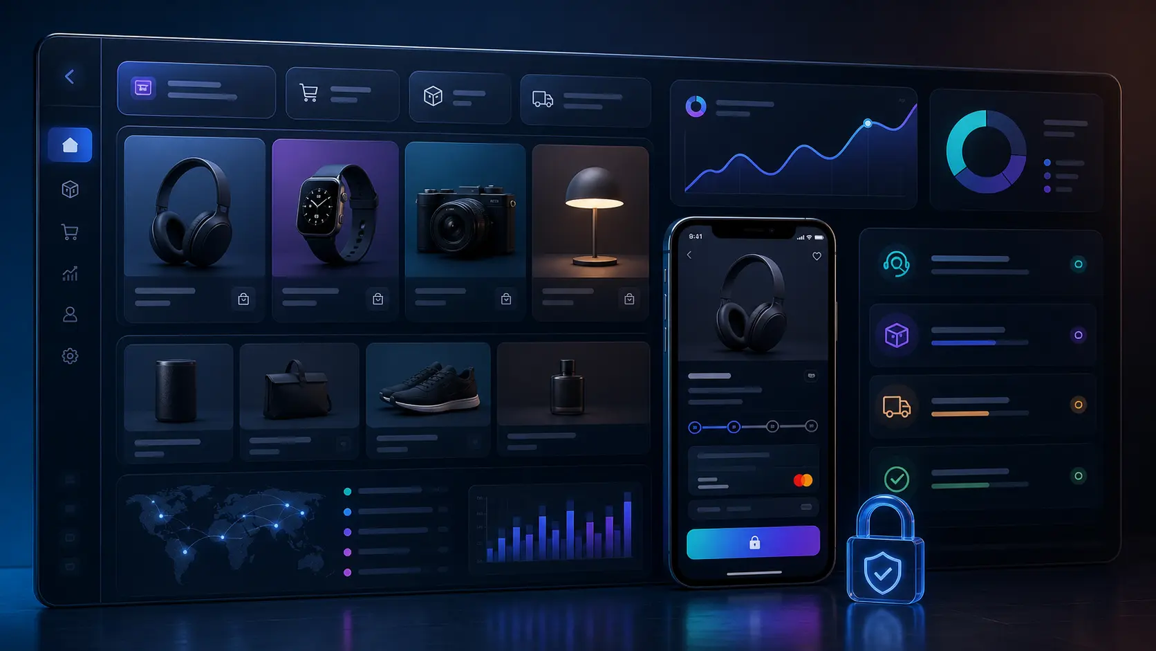 Premium ecommerce dashboard with product cards, checkout flow, analytics, inventory signals, and secure payment visuals