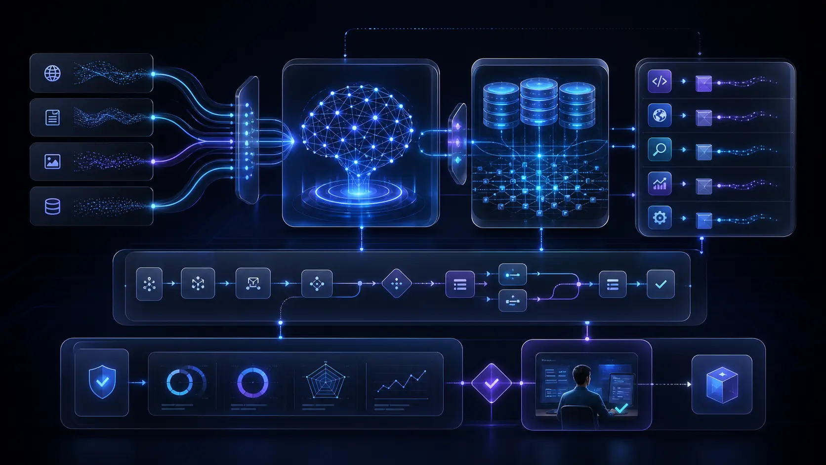 Abstract AI system architecture with model core, retrieval database, agent tools, evaluation layer, and human review checkpoint